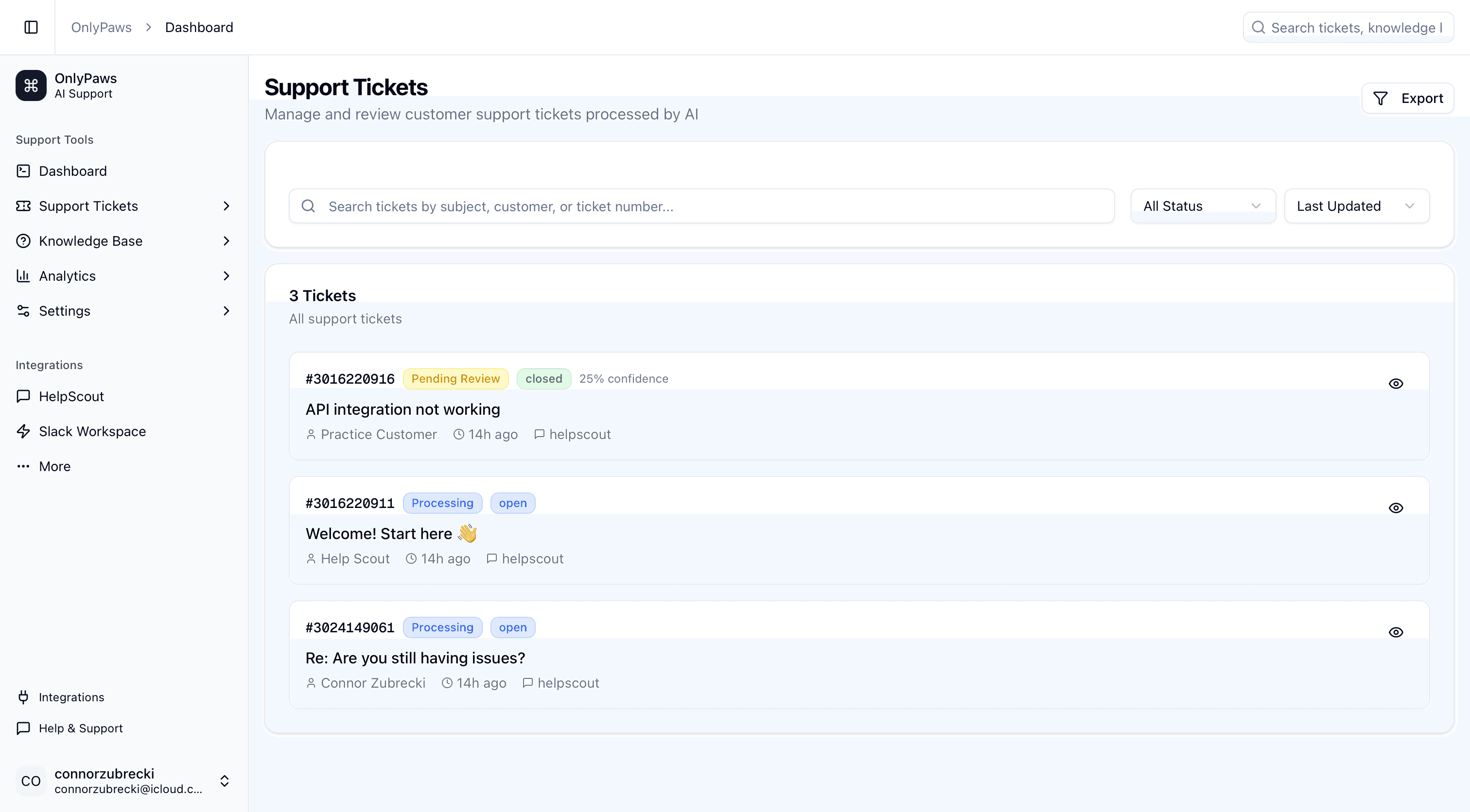 Support44 dashboard with ticket drafting and Slack approval